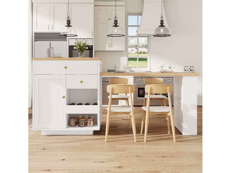  Îlot de cuisine 122,5 à 195,5 x 70 x 93,8 cm blanc en mdf et métal, plateau extensible et rangements intégrés  - Conforama B
