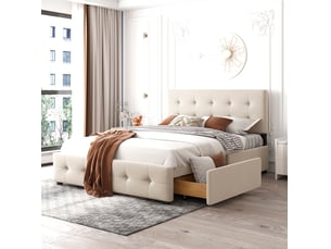 Lit avec rangement 140x200 cm <strong>CRAVDOM</strong> <strong></strong> coloris beige