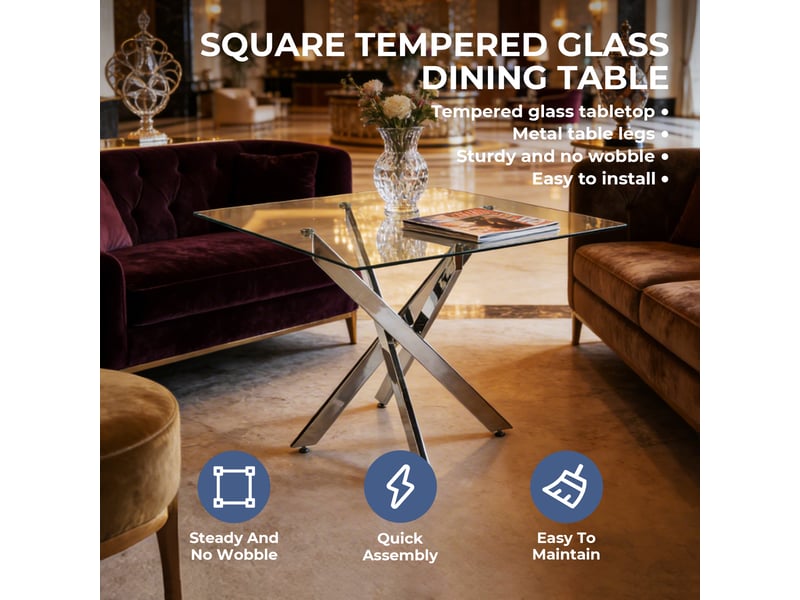  Table de salle à manger carrée avec plateau en verre, pieds métal croisés et style moderne, 80 × 80 × 75 cm, argent  - Conforama D