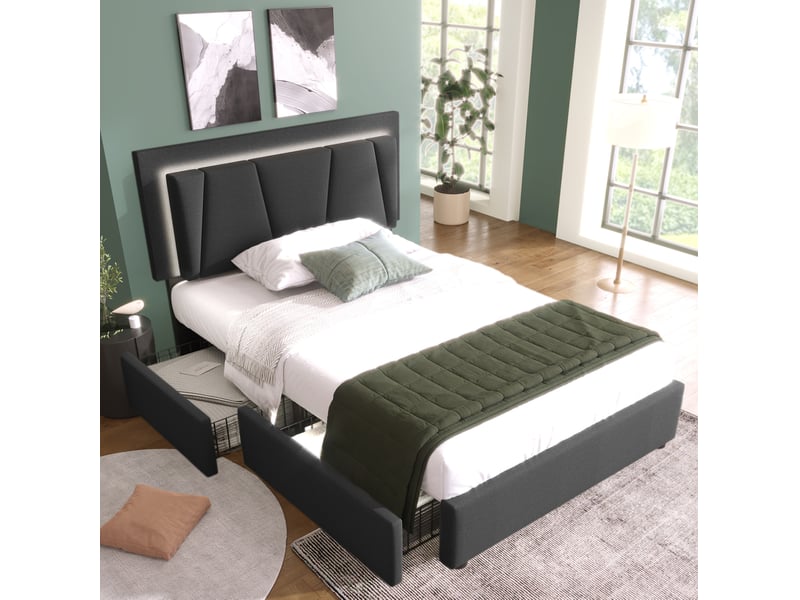  Lit simple 90x200 cm avec led, 2 tiroirs et tête de lit réglable gris  - Conforama D