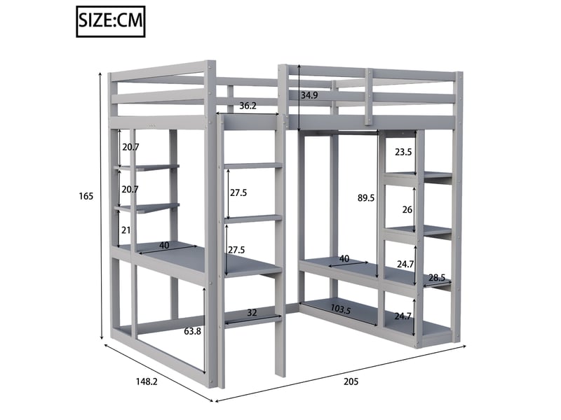  Lit mezzanine 200×140 cm avec bureau, étagères et penderie, échelle et barrières, sans matelas, gris  - Conforama D