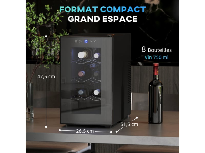 Cave à vin 8 bouteilles 21l, réfrigérateur à vin et boissons avec température réglable 8-18°c, noir, porte en verre - Conforama C