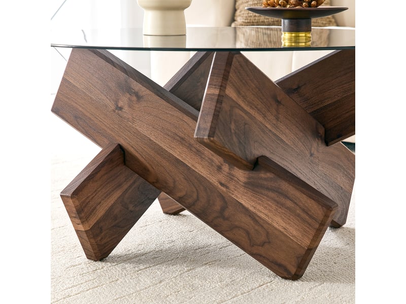  Table basse ronde en verre trempé avec socle géométrique pour salon ø 79 cm, hauteur 45 cm noyer  - Conforama D