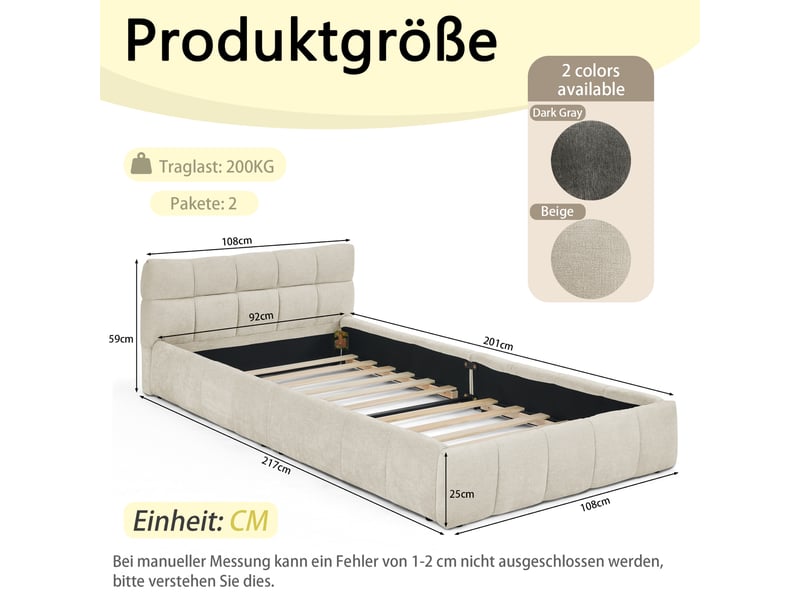  Lit simple 90x200 cm en chenille beige avec tête de lit capitonnée cadre métal et bois  - Conforama C