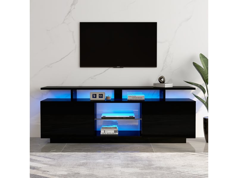  Meuble tv noir brillant 140 cm avec led 16 couleurs - 2 portes 5 compartiments pour téléviseur 60 pouces  - Conforama C
