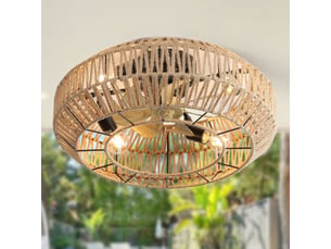 Ventilateur de plafond style boho cage 56cm, tissage rotin fermé, 6 vitesses, moteur dc réversible