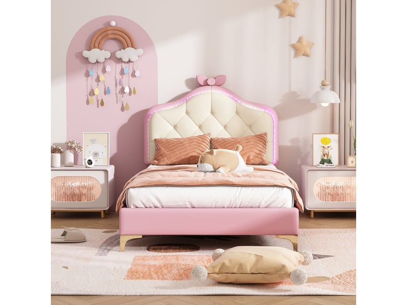  Modenvie lit enfant 90x200 cm - tête de lit led multicolore, noeud décoratif - sans matelas - rose  - Conforama E