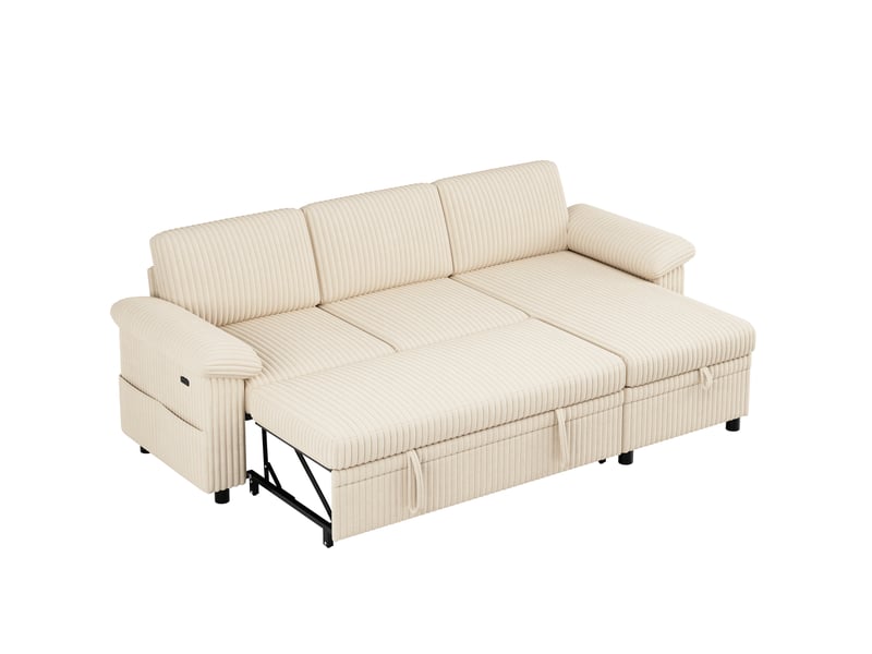  Canapé d'angle convertible avec méridienne réversible, coffre, dossier réglable, ports usb et usb-c, velours côtelé beige  - Conforama A