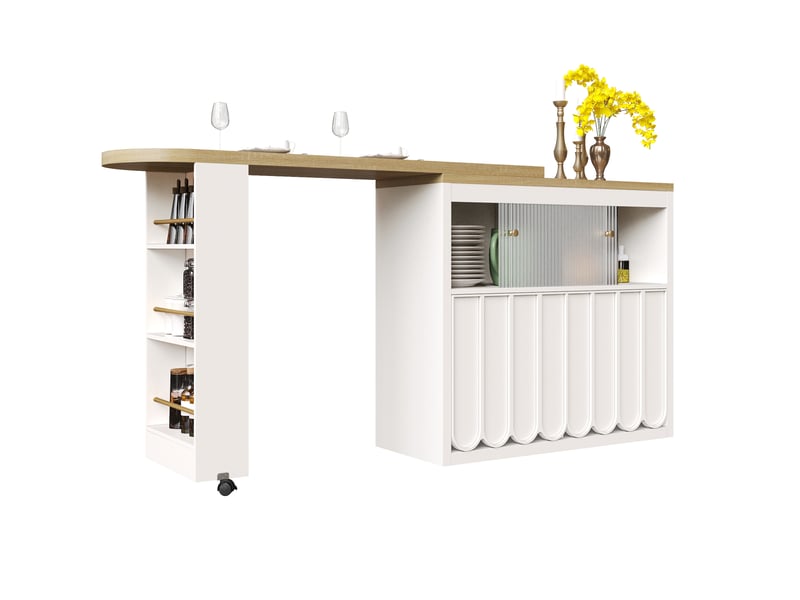  Table de bar extensible mobile avec rangement 135-205 x 39 x 100 cm, led, blanc  - Conforama A