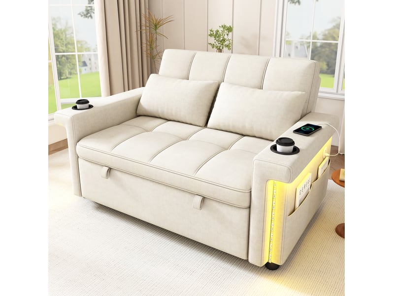 Canapé convertible 2 places 145x141,5x90 cm avec led et ports usbtype-c beige - Conforama D