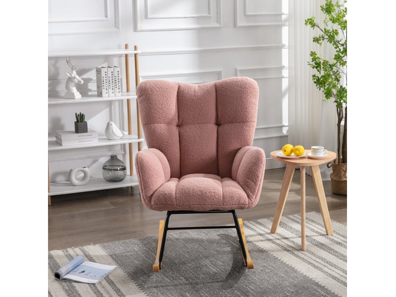  Fauteuil à bascule style vintage, structure en bois, rose, revêtement teddy et mousse, relaxe à oreilles  - Conforama B