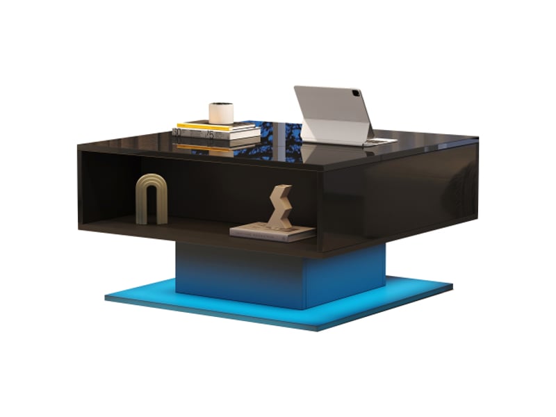  Table basse hydraulique noir brillant 80×75×40 cm avec rangement semi-ouvert – design géométrique  - Conforama A