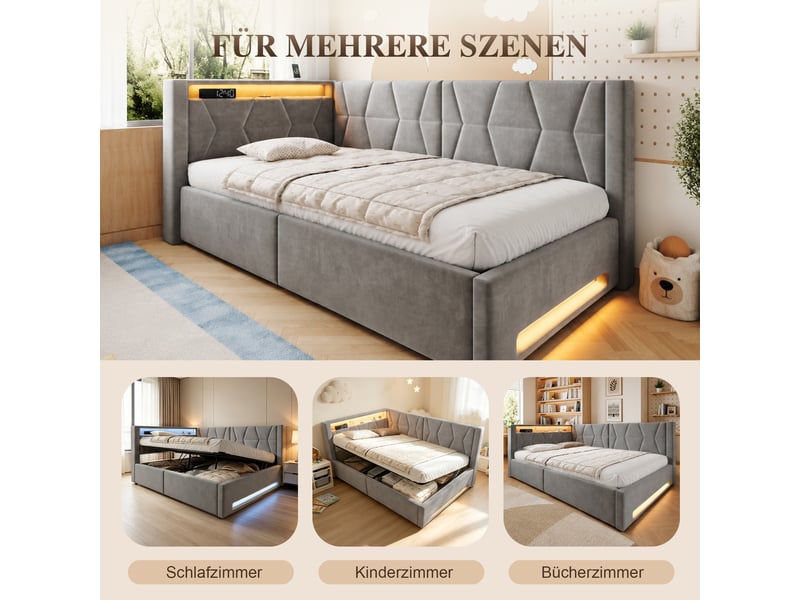  Lit coffre 90x200 cm, lit enfant, sommier à lattes, rangement hydraulique, led, usb et usb-c, velours gris foncé  - Conforama W