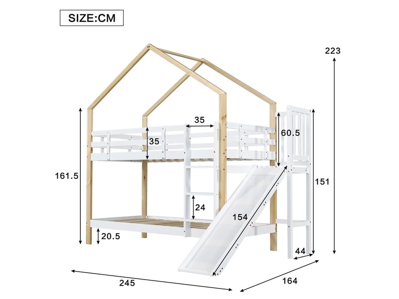  Lit superposé 90x200cm avec toboggan échelle barrière tiroirs bois blanc naturel  - Conforama C
