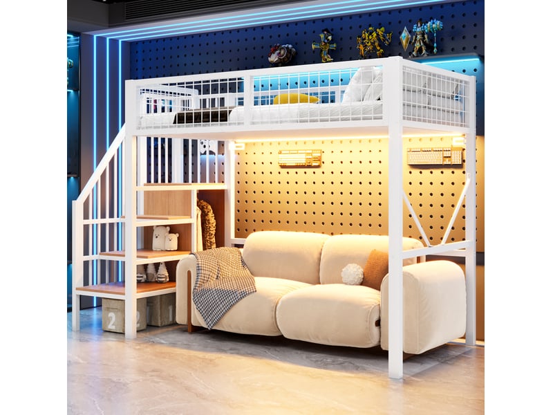  Lit mezzanine 90x200 cm avec rangement et éclairage led en métal blanc  - Conforama B