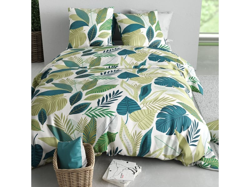  Parure housse de couette 240x220cm + 2 taies motif tropical vert et blanc 100% coton - pikilia PIKILIA - Conforama C