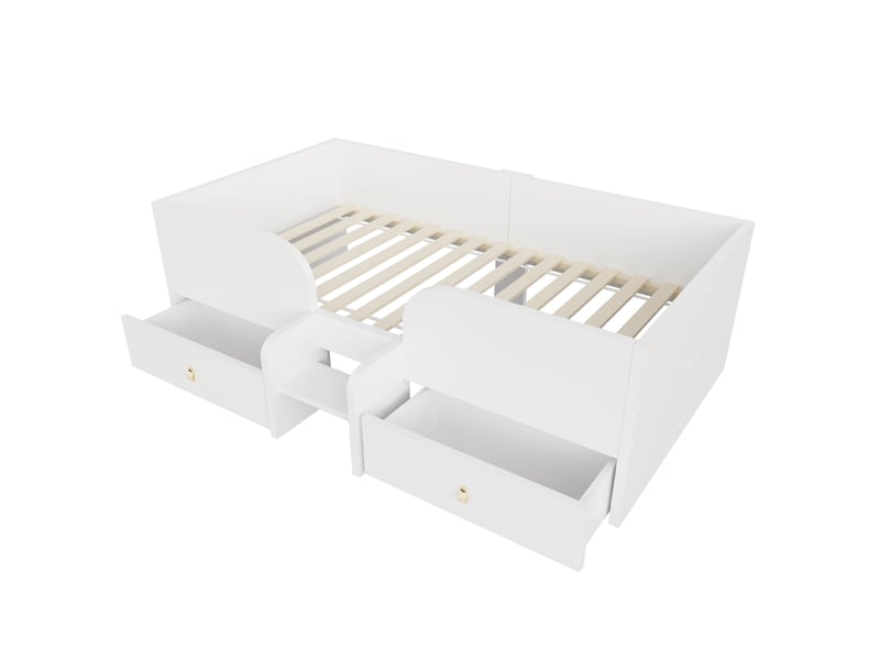  Lit enfant modenvie 90 x 200 cm avec 2 tiroirs, barrières latérales et marchette, blanc  - Conforama A