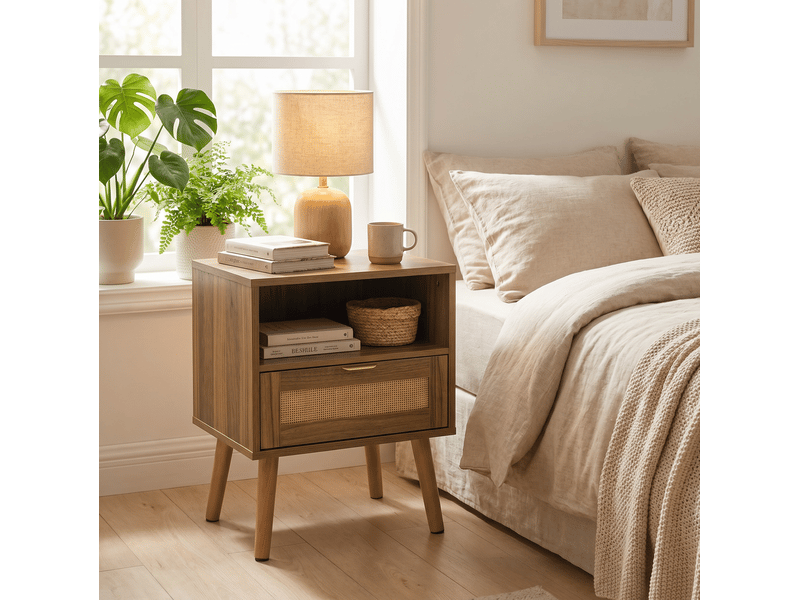 Table de chevet avec 1 tiroir et niche ouverte, façade en rotin, style bohème, pour chambre, noyer, 45 × 40 × 55 cm - Conforama D