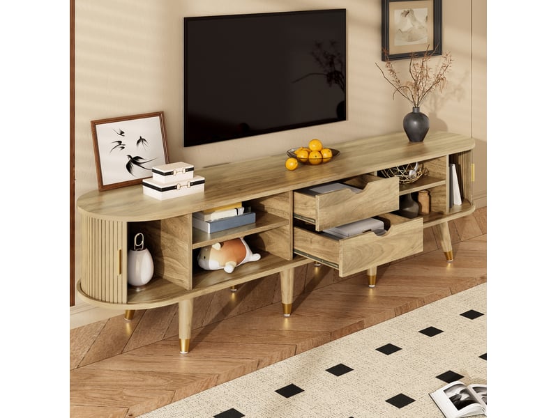  Meuble tv bas 175 x 38 x 45 cm avec portes coulissantes et rangement chêne  - Conforama D