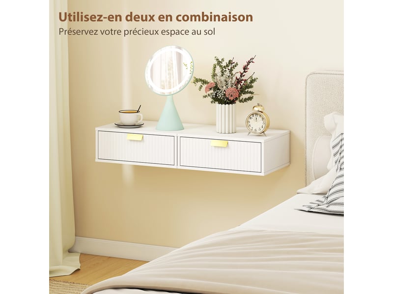  Lot de 2 tables de chevet murales, tables de nuit suspendues avec tiroir ondulé, 40 x 30 x 15 cm, blanc  - Conforama R