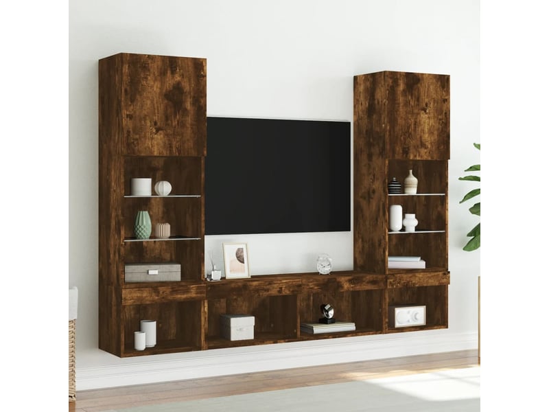  Meuble tv - unités murales tv avec led 5 pcs chêne fumé bois d'ingénierie  - Conforama D