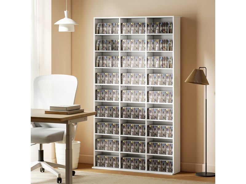  Étagère pour 835 cd ou 500 dvd, étagère pour supports blu-ray avec 27 compartiments et 21 étagères réglables, blanche  - Conforama D