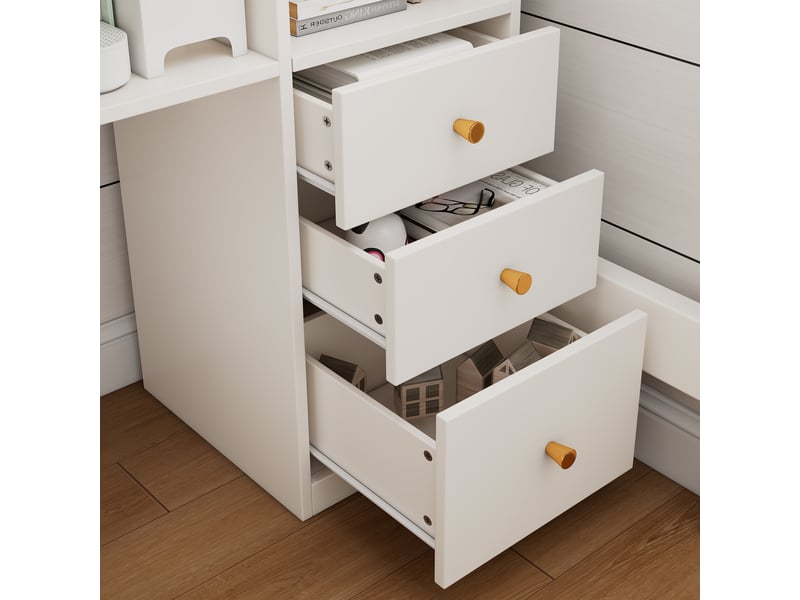  Lit mezzanine enfant 90x200 cm blanc avec bureau en l, étagères et tiroirs, usb-c – rangement gain de place  - Conforama E