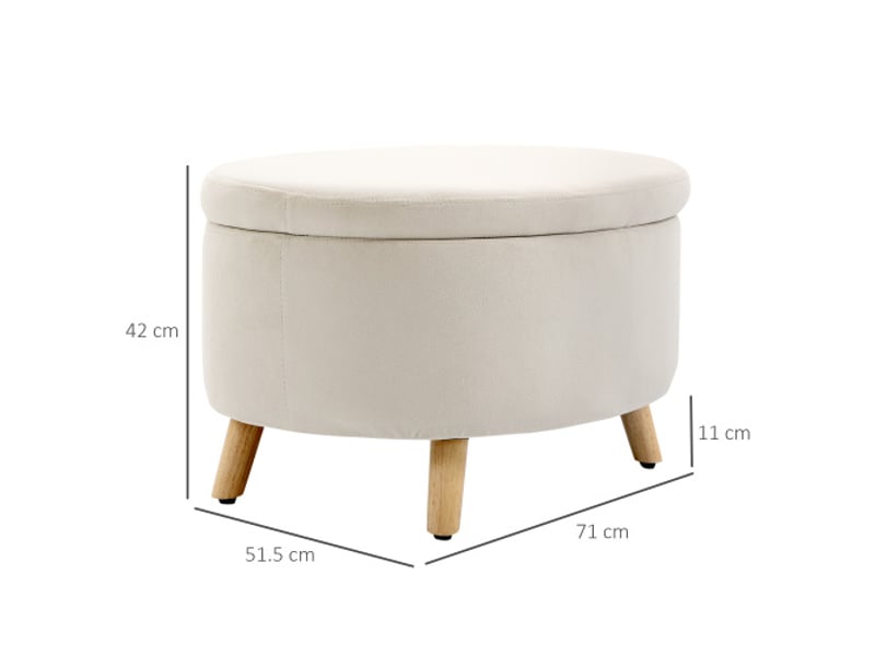  Banc coffre ovale beige effet velours avec couvercle, pieds en bois, 71x51,5x42 cm, rangement  - Conforama C