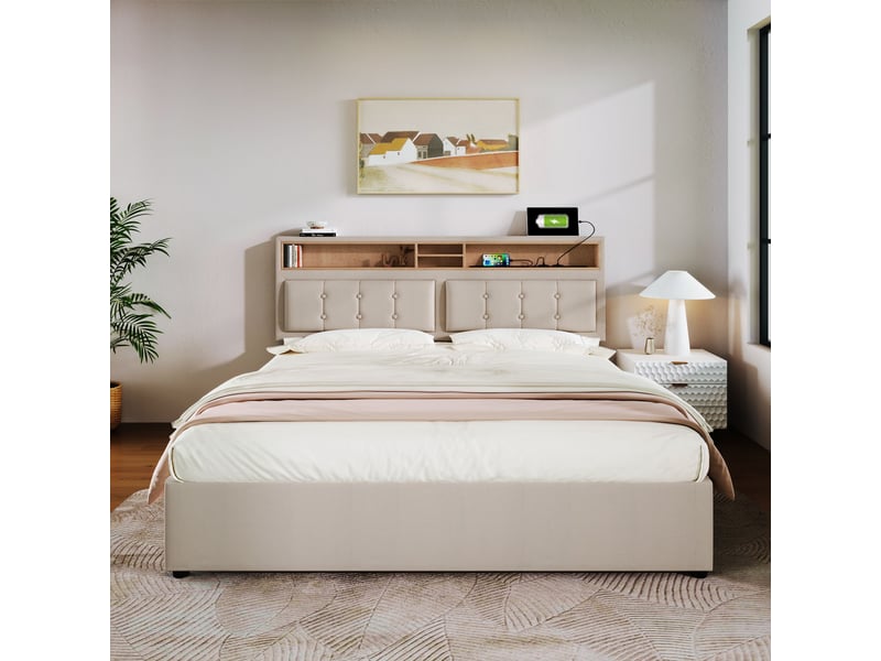  Lit coffre hydraulique 160x200 cm rembourré avec tête de lit rangement-usb et type-c-sommier à lattes en lin  - Conforama B