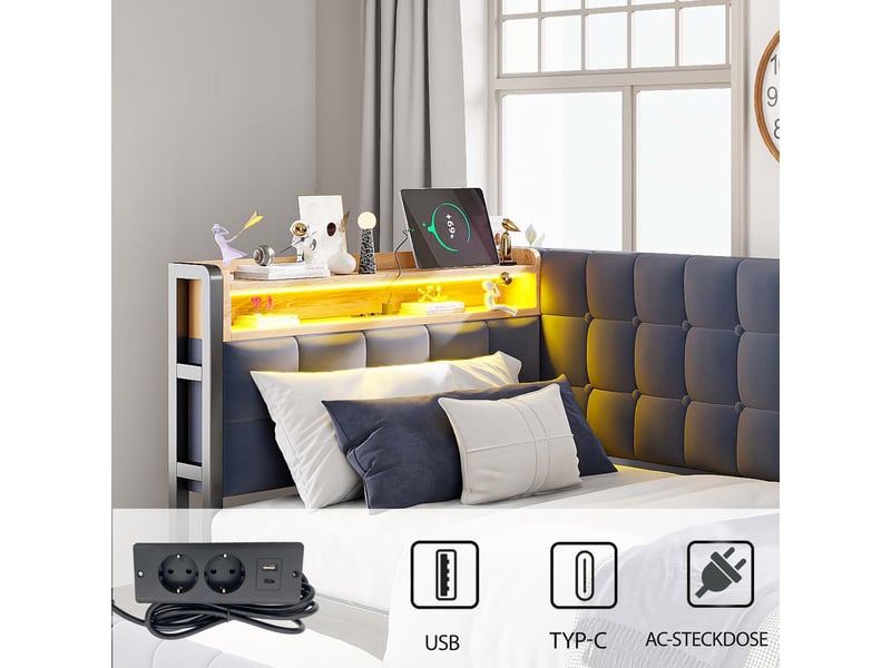 Canapé-lit 90x200 cm avec 2 tiroirs, led et ports usb-c, velours gris, sans matelas - Conforama R