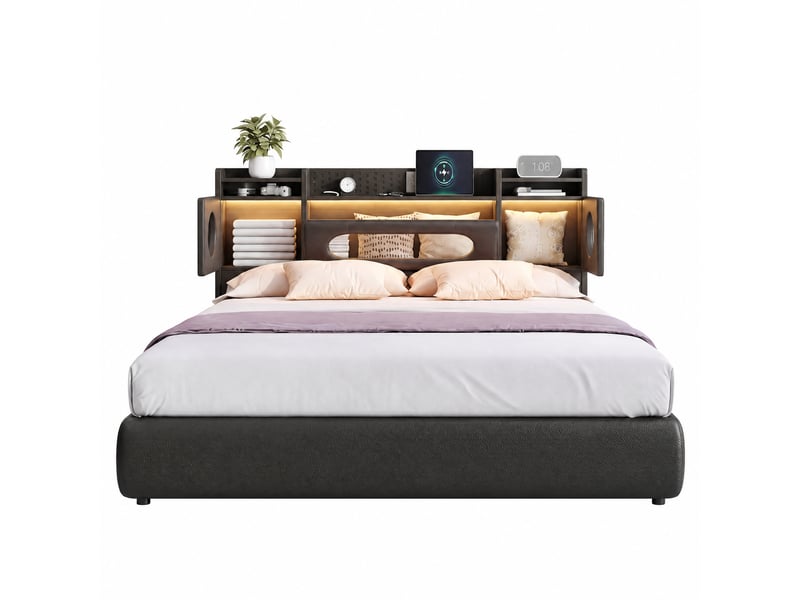  Lit coffre 140x200cm, tête de lit rabattable avec rangement, éclairage led, usb et type-c, lit double pour adulte et adolescent, pu noir, sans matelas  - Conforama A