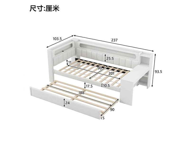 Lit banquette 90x200 avec bureau et lit gigogne, ports usb et led, lit capitonné blanc - Conforama E