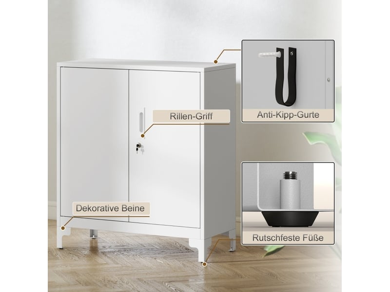  Armoire de bureau 80x35x91 cm blanche en métal, 2 niveaux de rangement, portes verrouillables à clé  - Conforama E