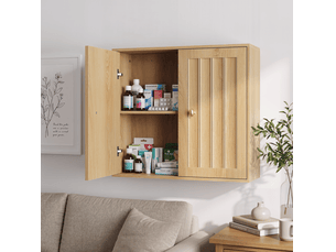 Armoire de salle de bain murale avec 2 portes et rangement fermé, poignées dorées, coloris chêne, 61,5 × 20 × 56 cm