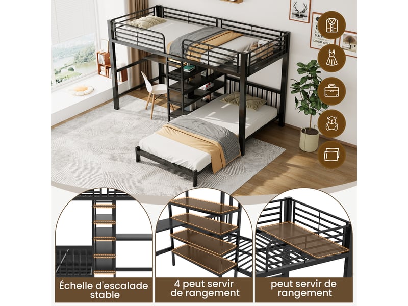  Lit superposé 90x200 cm en métal, bureau, prises usb et type-c, 3 étagères, certifié en747, noir  - Conforama D