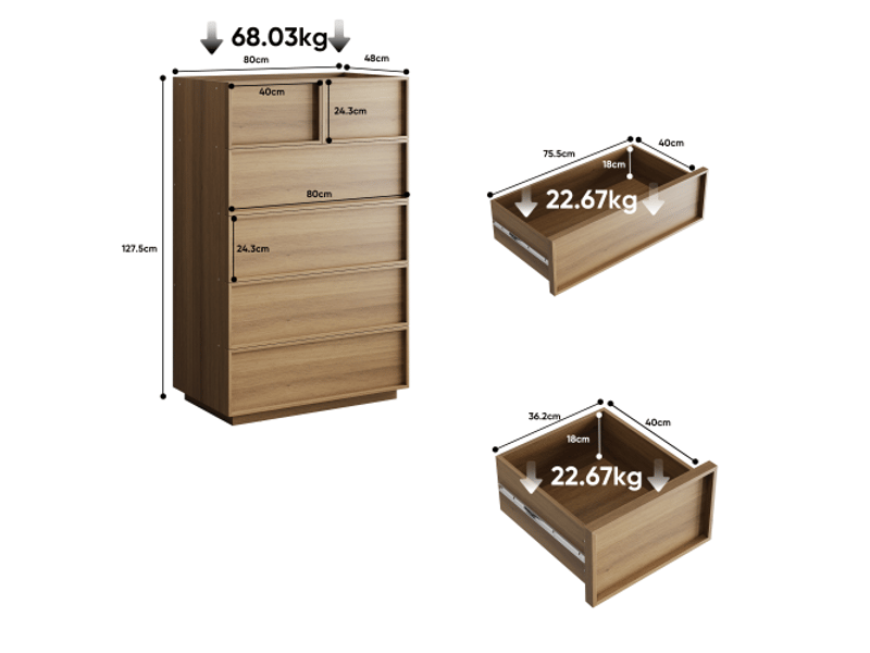  Commode 6 tiroirs moderne en chêne – armoirependerie en bois, meuble de rangement et coiffeuse, 80×48×127 cm  - Conforama C