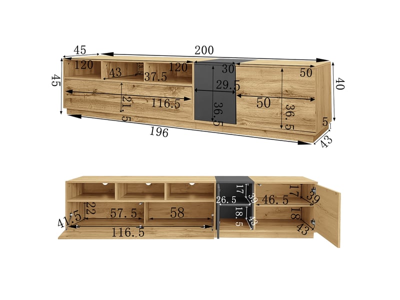  Meuble tv 200 cm, banc tv design moderne pour salon avec passe-câbles, structure en bois d'ingénierie de avec 3 niches et 3 portes, noir, naturel  - Conforama E