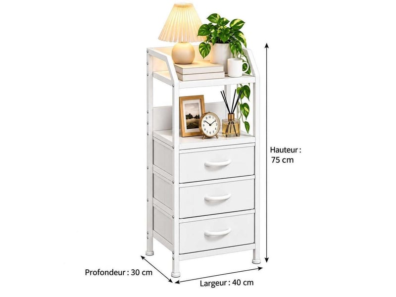  Table de chevet 40x30x75 cm trois tiroirs tissu etagere ouverte blanc pur moderne  - Conforama D