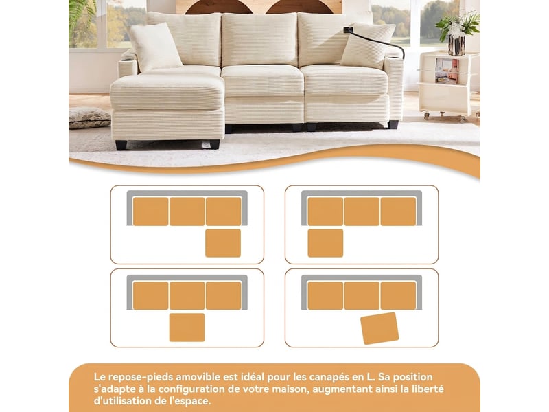  Canapé d'angle en l 3 places avec pouf - velours côtelé beige - port usb et porte-gobelet  - Conforama R