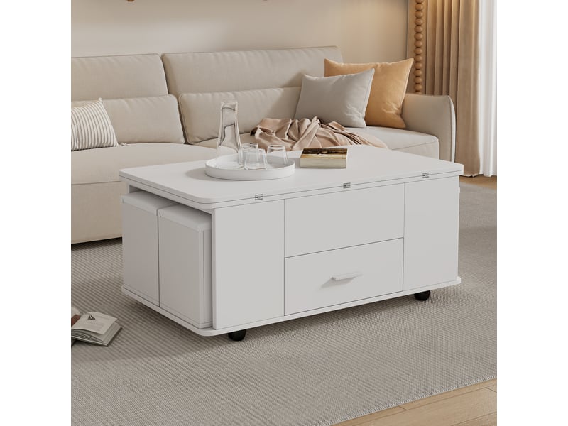  Table basse réglable en hauteur, table d'appoint mobile, table basse multifonctionnelle 4 en 1 transformable en table de salonsalle à manger, table basse avec tiroirs, avec 4 tabourets, blanche  - Conforama B