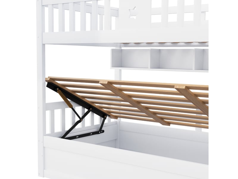  Lit superposé enfant 90x200 cm – blanc – rangement hydraulique, escalier et étagères – sans matelas  - Conforama E