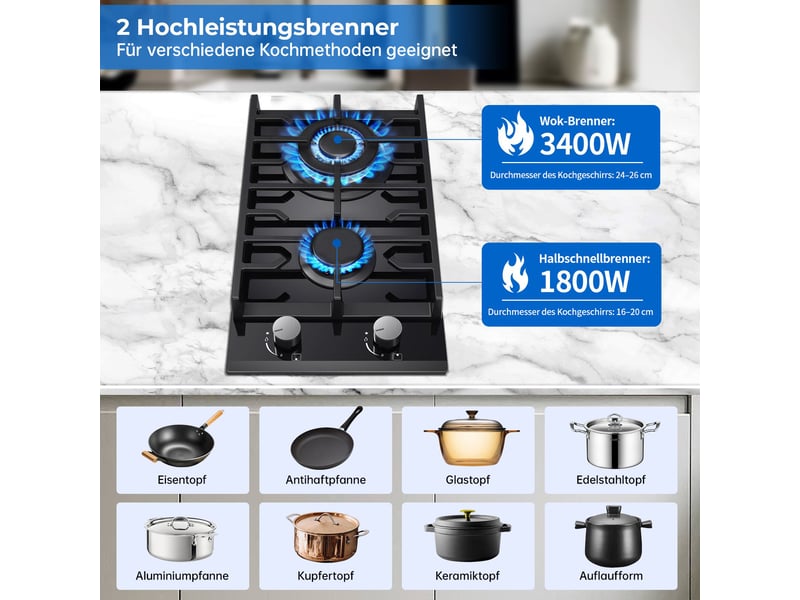 Plaque de cuisson gaz 2 feux, plaque gaz encastrable 30 cm en verre trempé noir, brûleur wok, 5200 w, gaz naturel ou propane - Conforama R