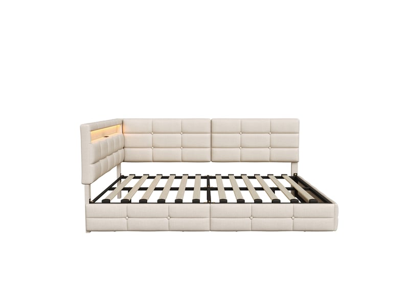 Lit banquette 140x190 cm avec rangement, canapé-lit rembourré avec tiroir lit jeune avec led et usb pour adolescent lit d'appoint beige lin, sans matelas - Conforama W