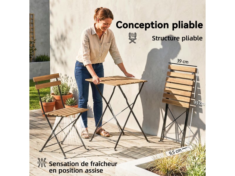Salon de jardin bistrot 3 pièces table et 2 chaises pliantes bois acacia et métal - Conforama D