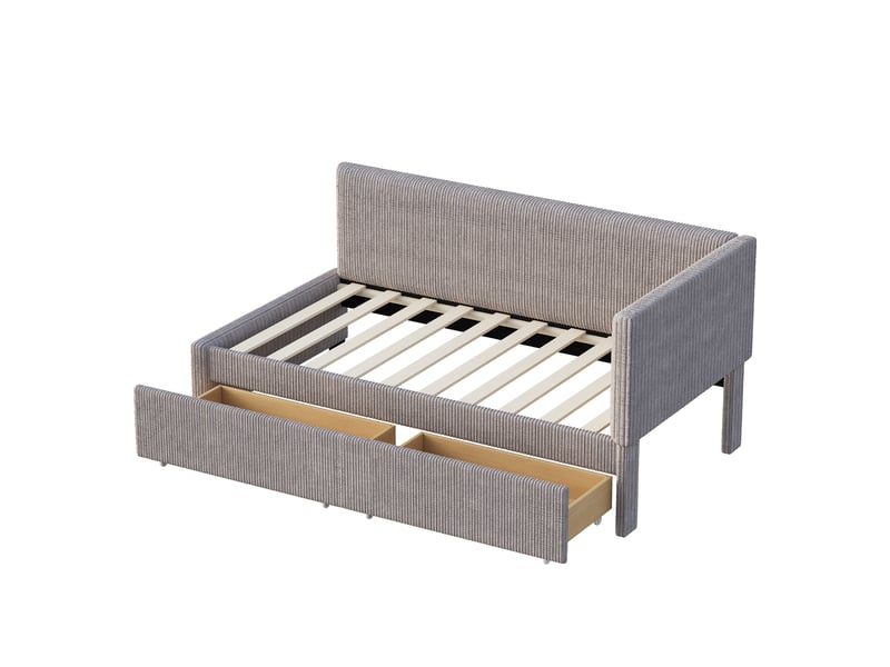 Lit enfant 90x200cm, lit 1 place, canapé lit avec 2 tiroirs de rangement, tête de lit et sommier, tissu gris, sans matelas - Conforama R