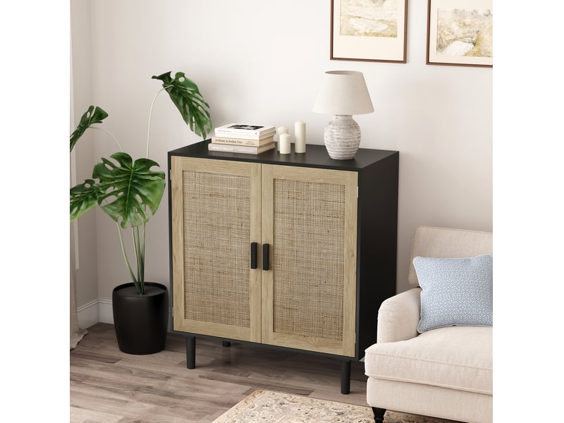 Meuble de rangement en rotin avec 2 portes magnétiques et 2 niches ouvertes pour salon noir 80 × 40 × 88 cm - Conforama B