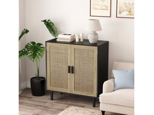 Meuble de rangement en rotin avec 2 portes magnétiques et 2 niches ouvertes pour salon noir 80 × 40 × 88 cm