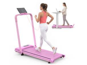 Tapis de course pliable 112,5x50x93,5 cm rose en acier, 3 en 1 marche, bureau et course avec inclinaison