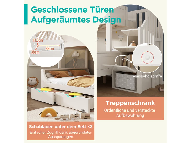  Lit superposé enfant 90x200 et 140x200 blanc avec tiroirs, forme traîneau, escalier de rangement et barrière de sécurité  - Conforama R
