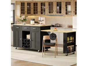 Desserte cuisine 136(223) x 50 x 93 cm – noir et naturel – plan de travail extensible avec rangement
